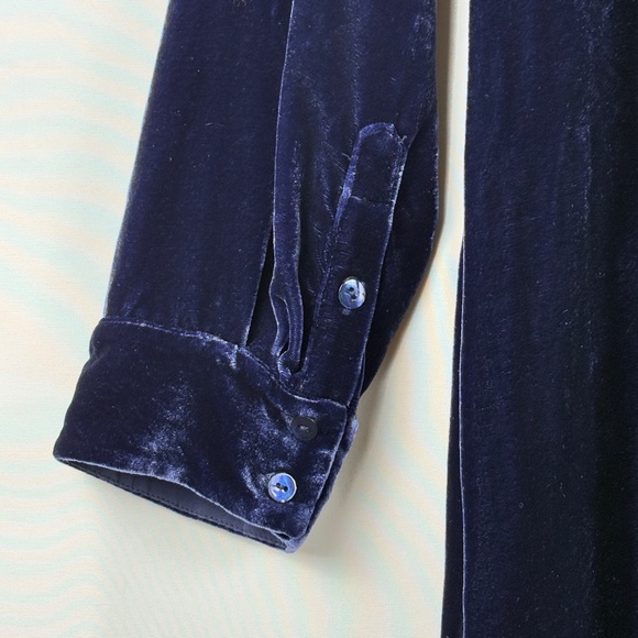 Eileen Fisher Mandarin Collar Velvet Tunic Button Shirt Sz M Navy Holiday Party - Picture 4 of 15